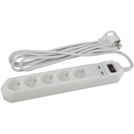 Сетевой фильтр ЭРА USF-5es-1,5m-USB-B белый c выключателем 5гнезд+2*USB/3*0.75мм