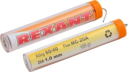 Припой с канифолью 10 г d=1.0 мм (Sn60 Pb40 Flux 2.2 %) колба REXANT/09-3101