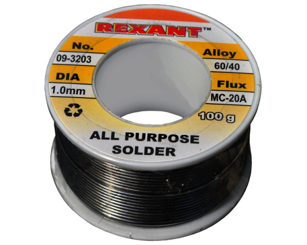 Припой с канифолью 100 г d=1.0 мм (Sn60 Pb40 Flux 2.2 %) REXANT/09-3203                  