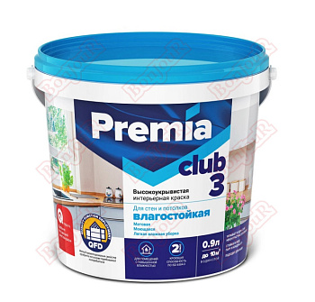 Краска для стен и потолков влагостойкая Premia Club 3 белая база А 0.9 л