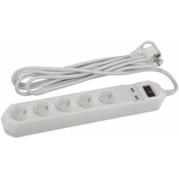Сетевой фильтр ЭРА USF-5es-1,5m-USB-B белый c выключателем 5гнезд+2*USB/3*0.75мм