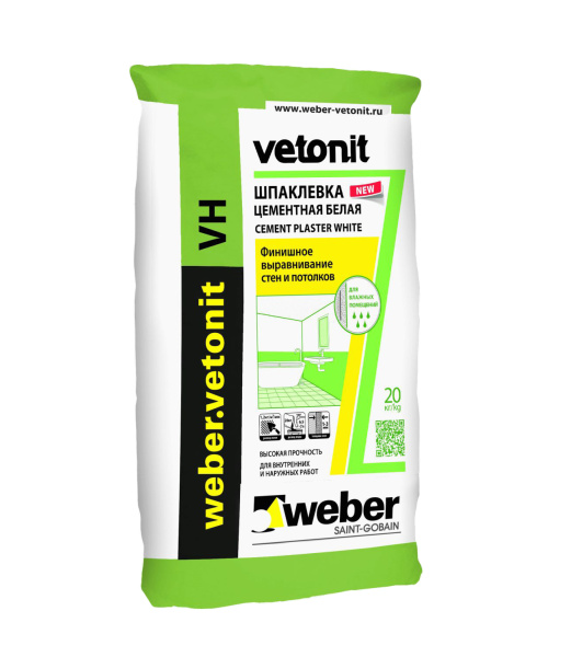 Шпаклевка финишная цементная Weber Vetonit VH, белая, 20 кг