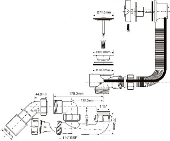 McALPINE Обвязка для ванны  полуавтомат, с ревизией, L тросика=575мм/ MRB2CNS-PB