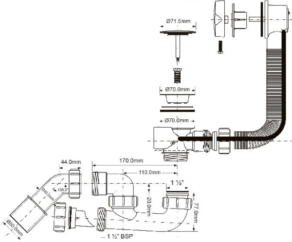McALPINE Обвязка для ванны  полуавтомат, с ревизией, L тросика=575мм/ MRB2CNS-PB